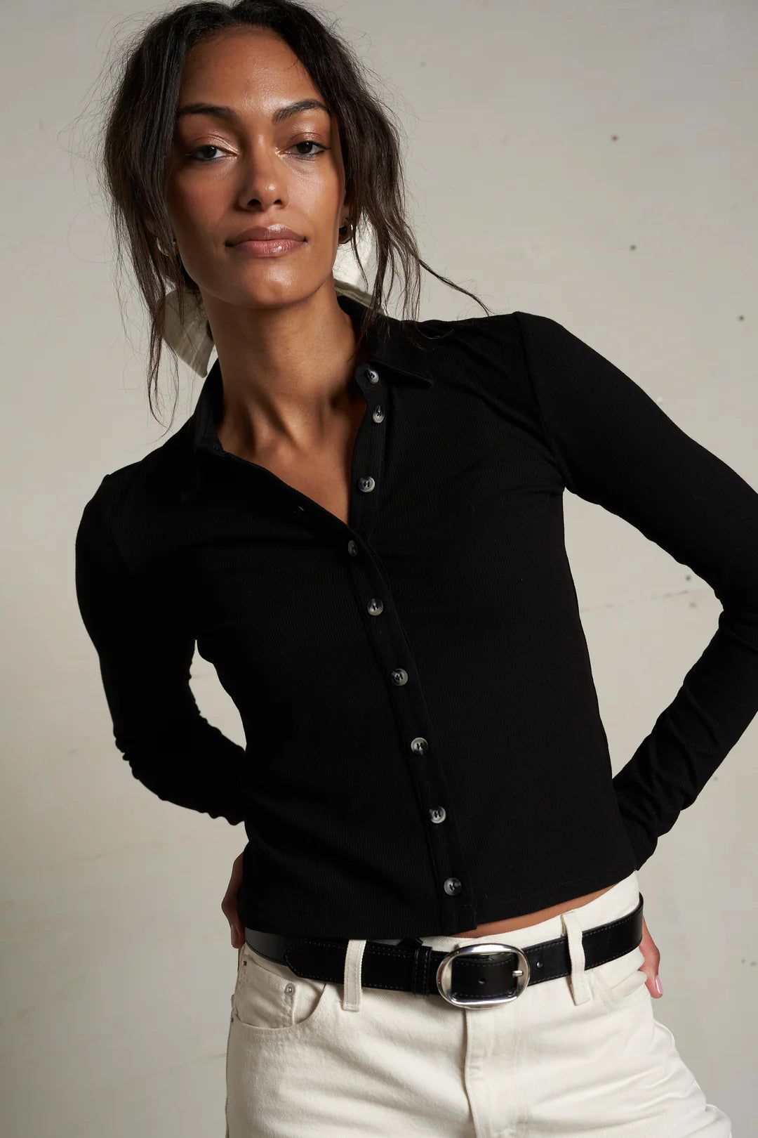 AMEE LONG SLEEVE LUXE RIB POLO true black