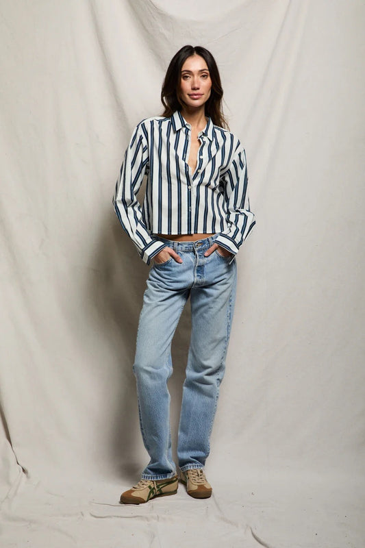 NAOMI BUTTON DOWN navy and cobalt stripe