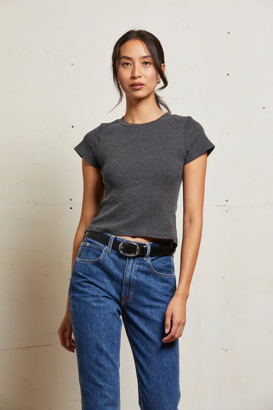 GABBY SWEATER RIB SHORT SLEEVE CREW NECK charcoal