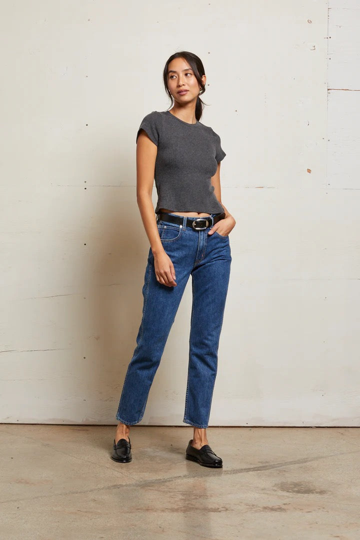 GABBY SWEATER RIB SHORT SLEEVE CREW NECK charcoal