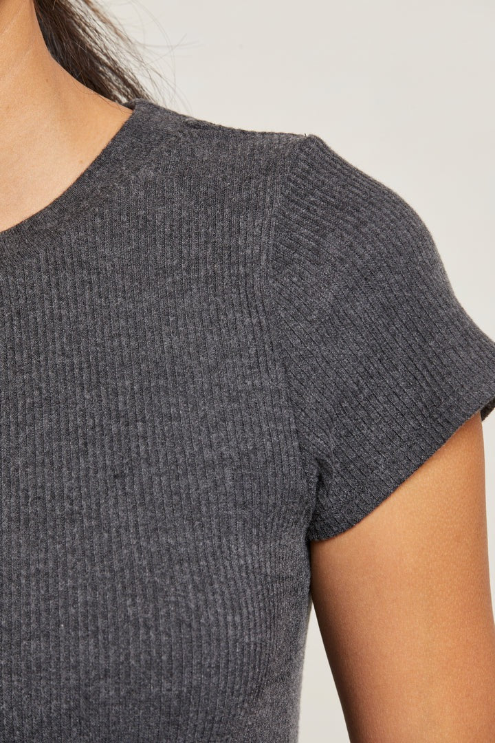 GABBY SWEATER RIB SHORT SLEEVE CREW NECK charcoal