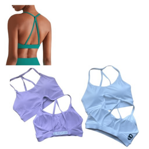 An Unleashed Health and Fitness branded sports bras.