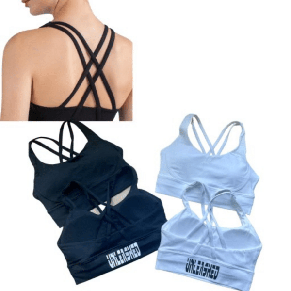 Five Unleashed Health and Fitness branded sports bras.